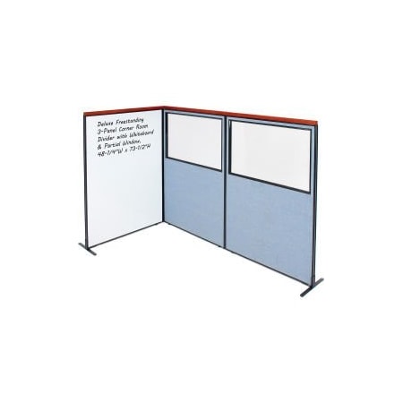 Global Equipment Interion    Deluxe Freestanding 3-Panel Corner w/Whiteboard   Partial Window 48-1/4Wx73-1/2H Blue 695190BL
